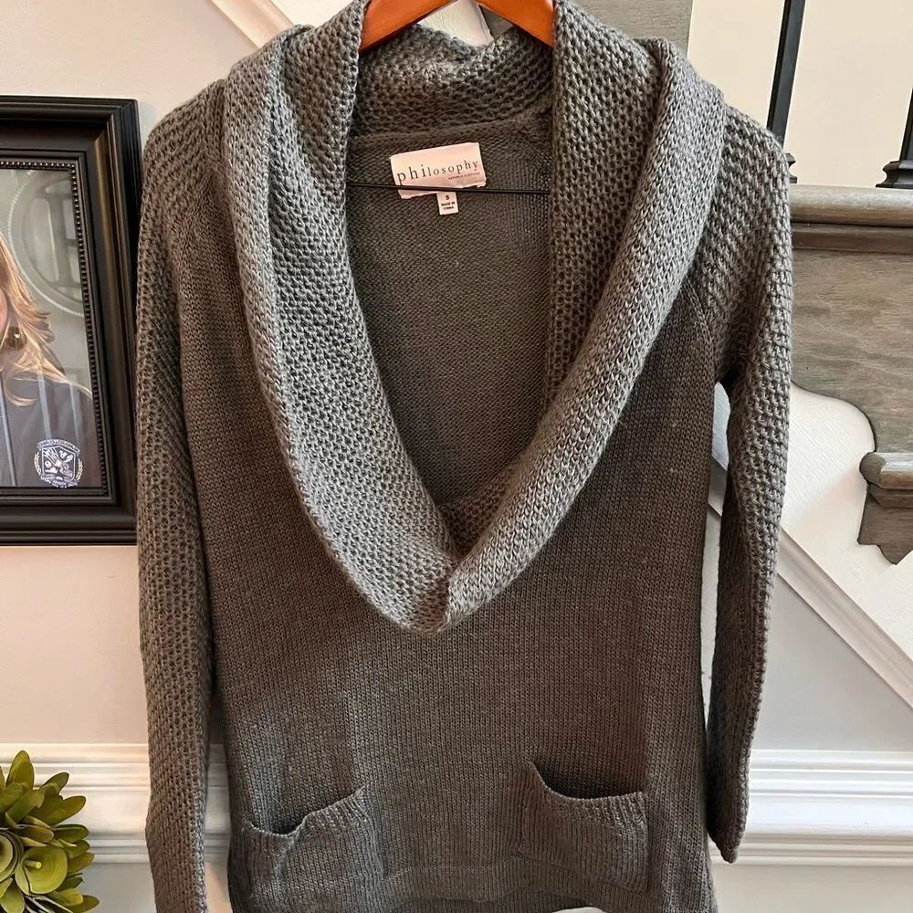 Philosophy Gray Deep Cowl Neck Pocket Front Sweater sz S